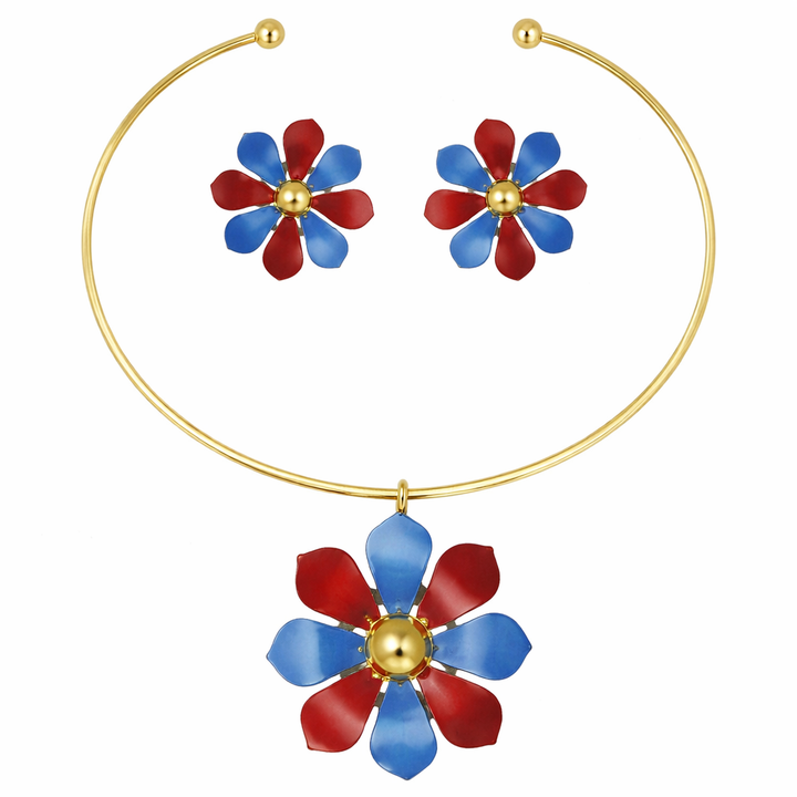 Stylish Bloomflare Duo Brass Jewelry Set with Marina Blue & Tango Red Enamel