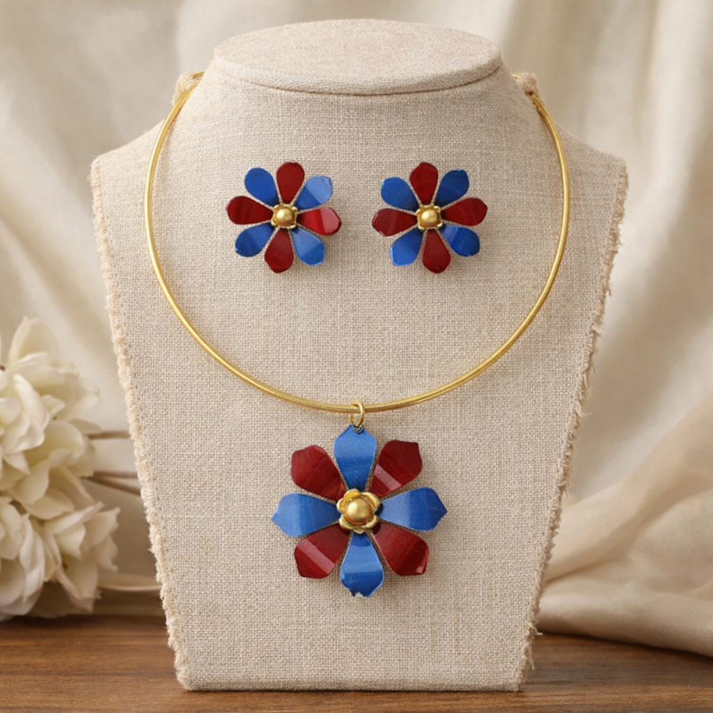 Stylish Bloomflare Duo Brass Jewelry Set with Marina Blue & Tango Red Enamel