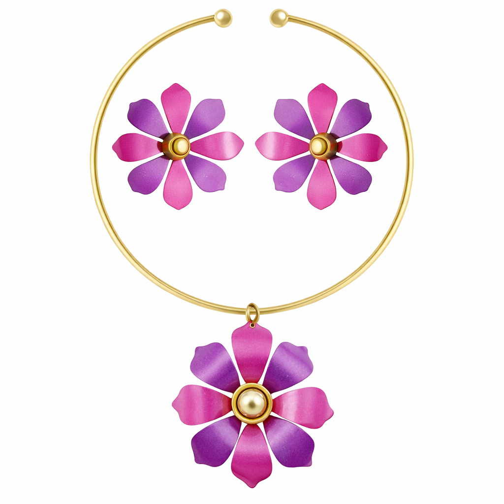 Bloomtide Radiance: Iris Orchid & Fandango Pink Floral Brass Pendant and Earrings"