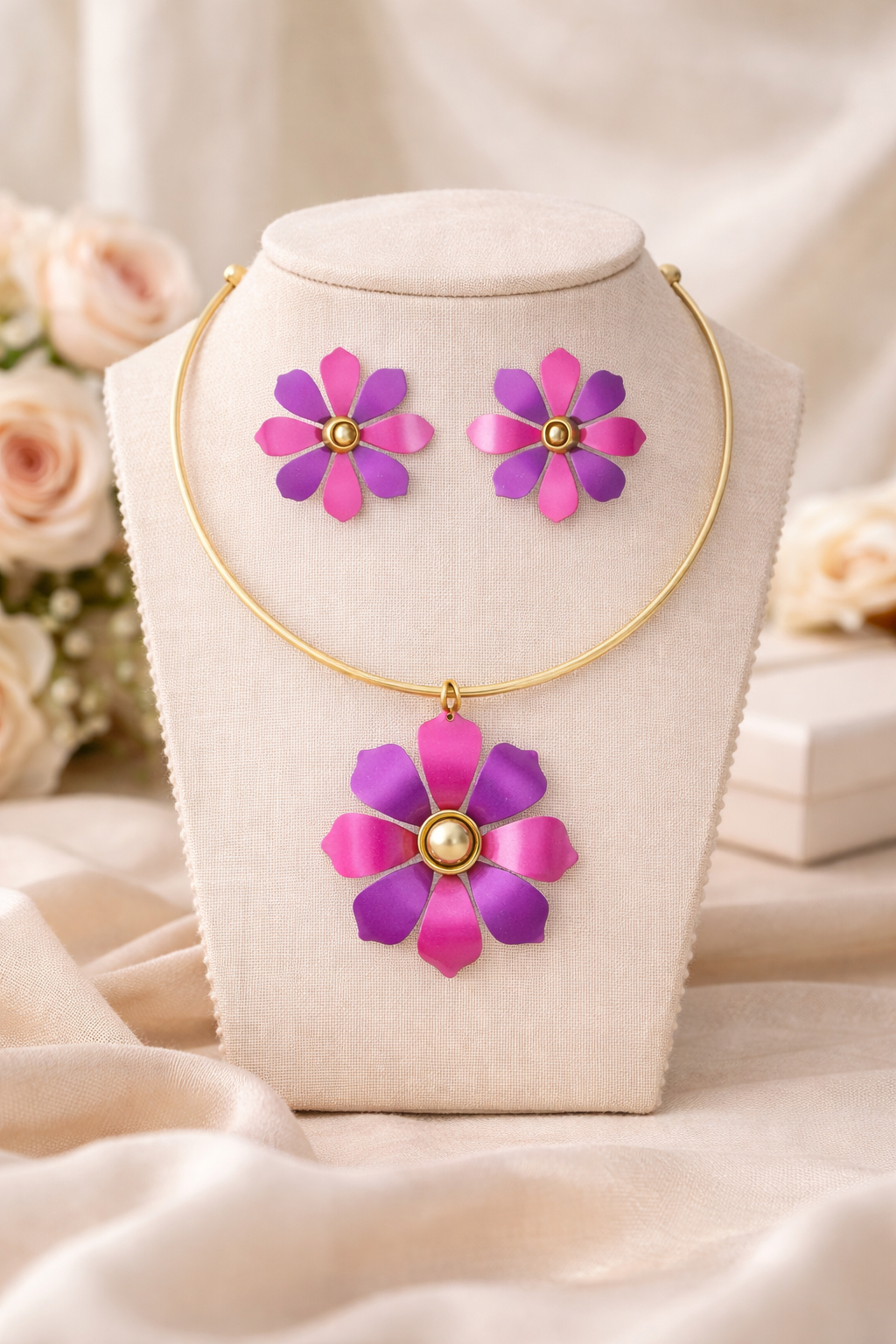Bloomtide Radiance: Iris Orchid & Fandango Pink Floral Brass Pendant and Earrings"