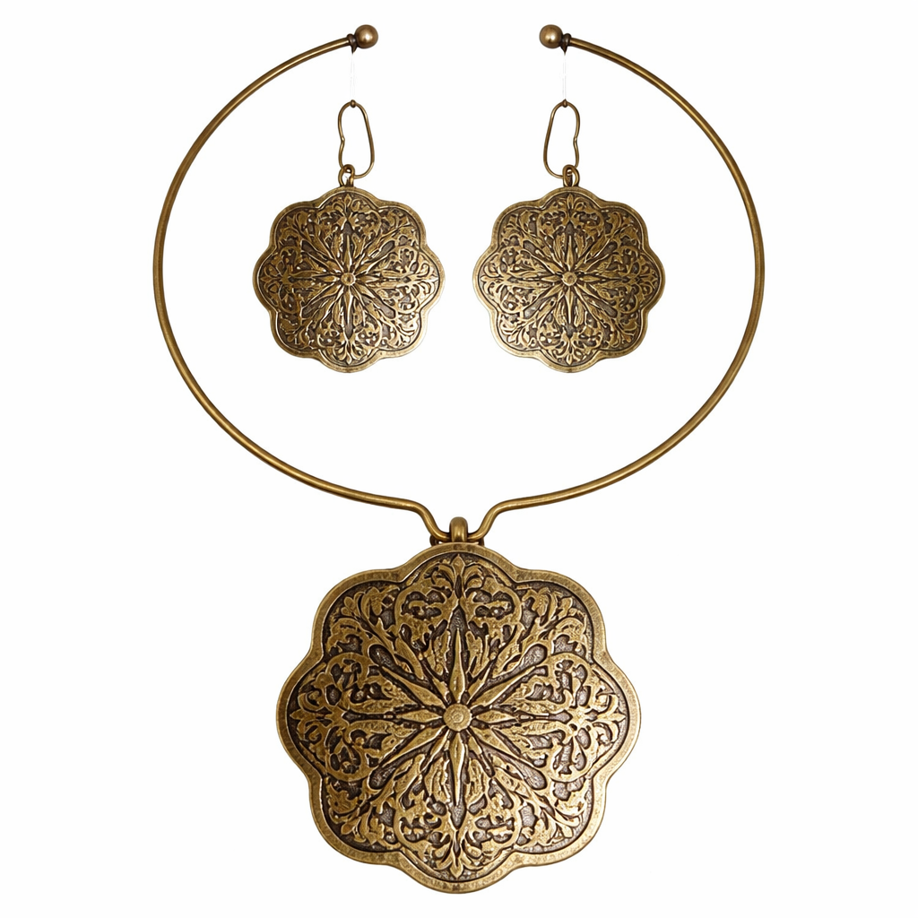 "Zingara Aroma: Vintage-Inspired Brass Jewelry Set with Flower Pendant and Earrings"