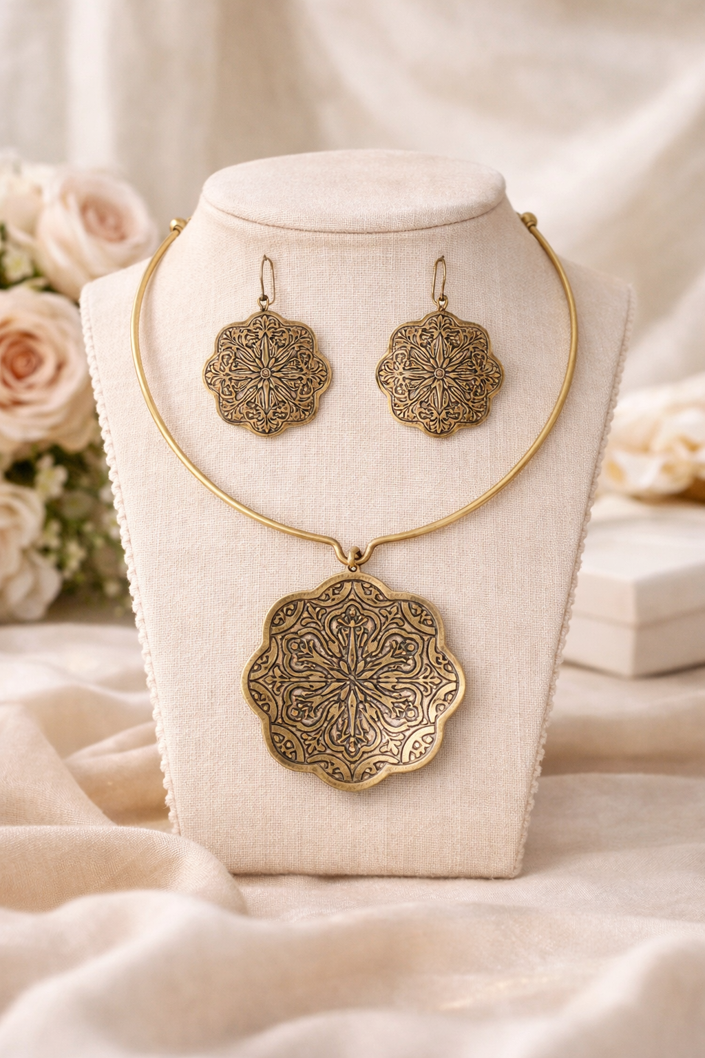 "Zingara Aroma: Vintage-Inspired Brass Jewelry Set with Flower Pendant and Earrings"