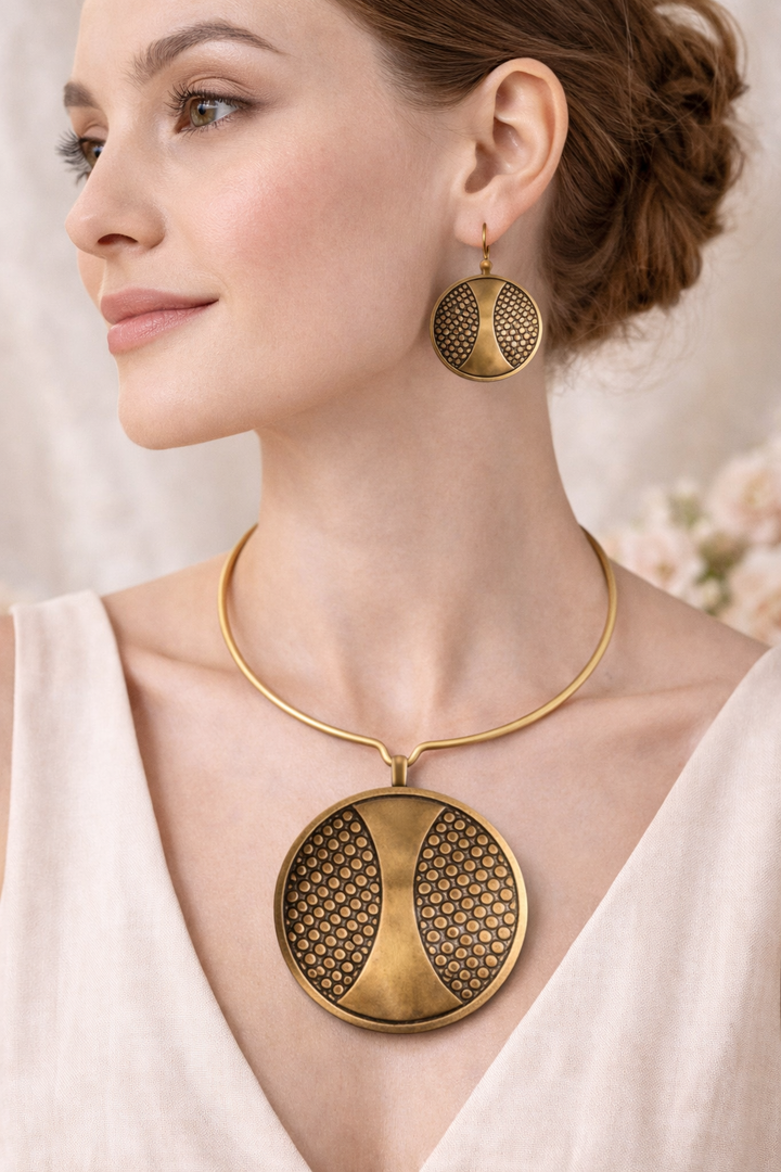 "Zingara Dexterity: Handcrafted Brass Necklace & Earrings with Geometric Design"