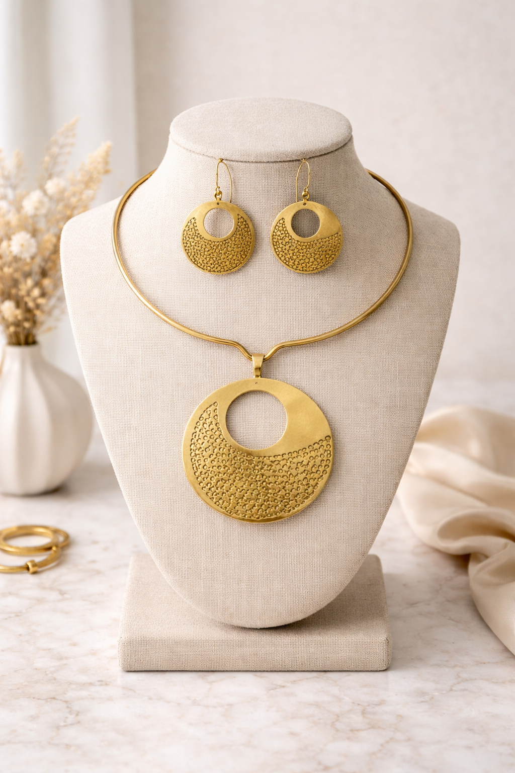 Zingara Charm: Polished Brass Jewelry Set with Etched Details