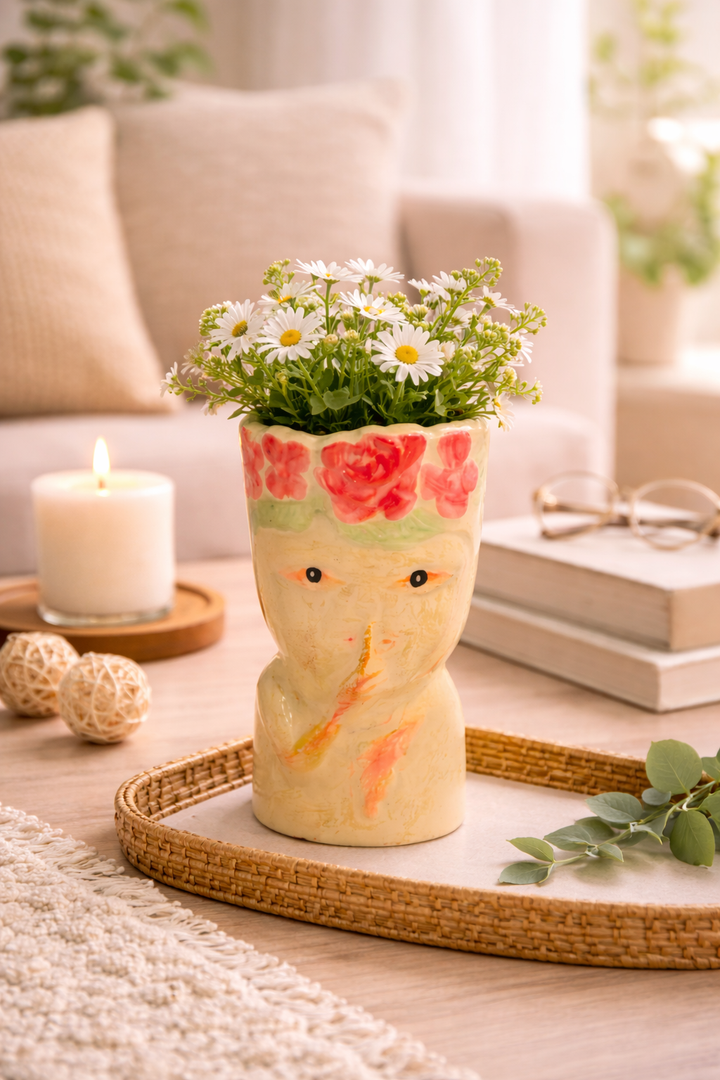 Ethnic Tribal Face Metal Vase for Home & Office Décor