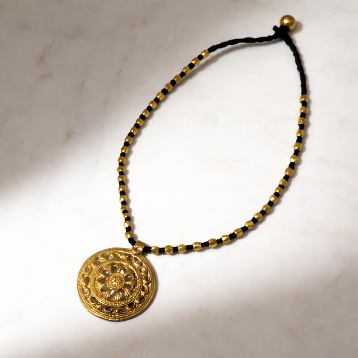 Handcrafted Tribal Brass Necklace – Vintage-Inspired Cotton Bead Design