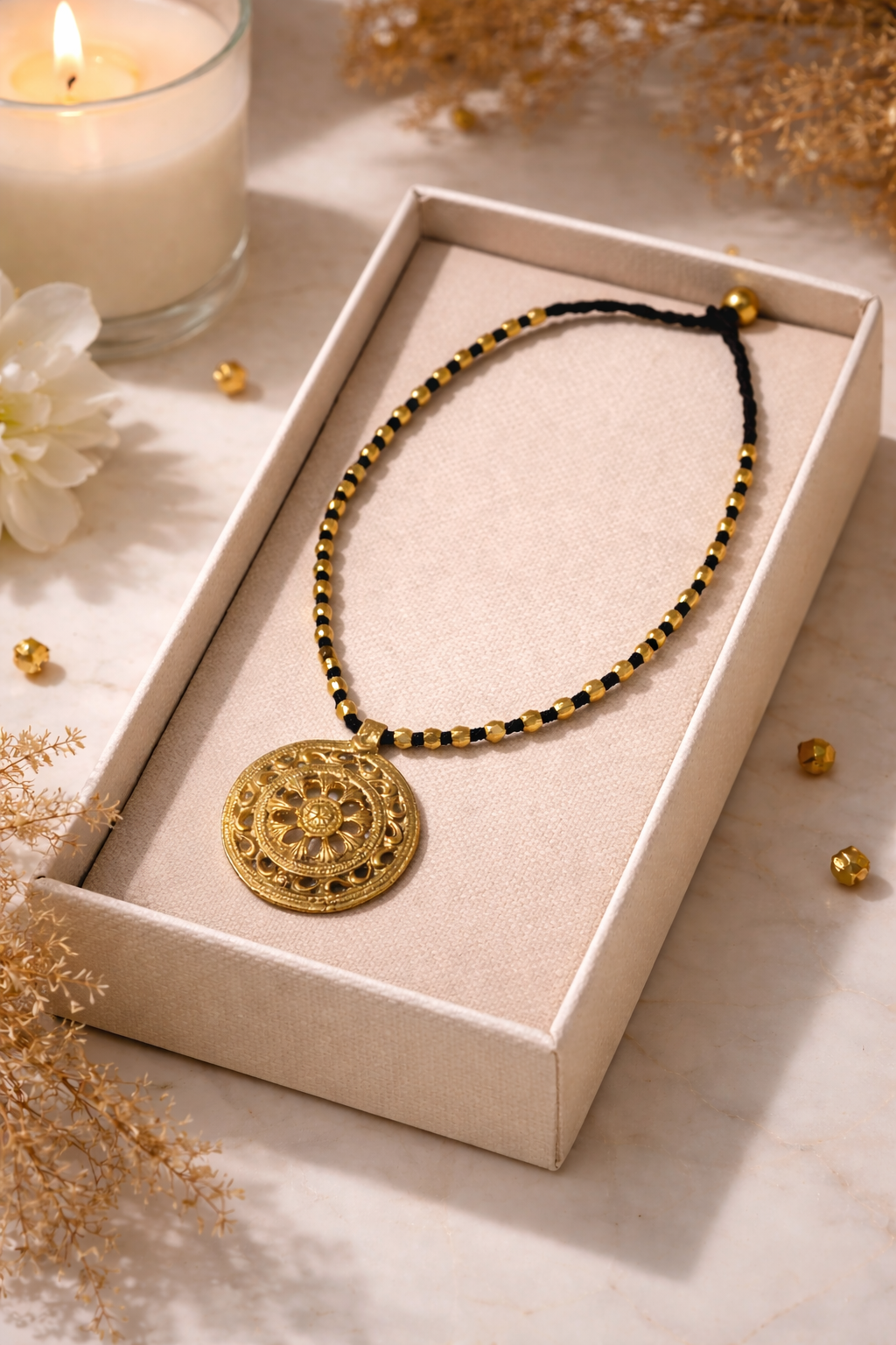 Handcrafted Tribal Brass Necklace – Vintage-Inspired Cotton Bead Design