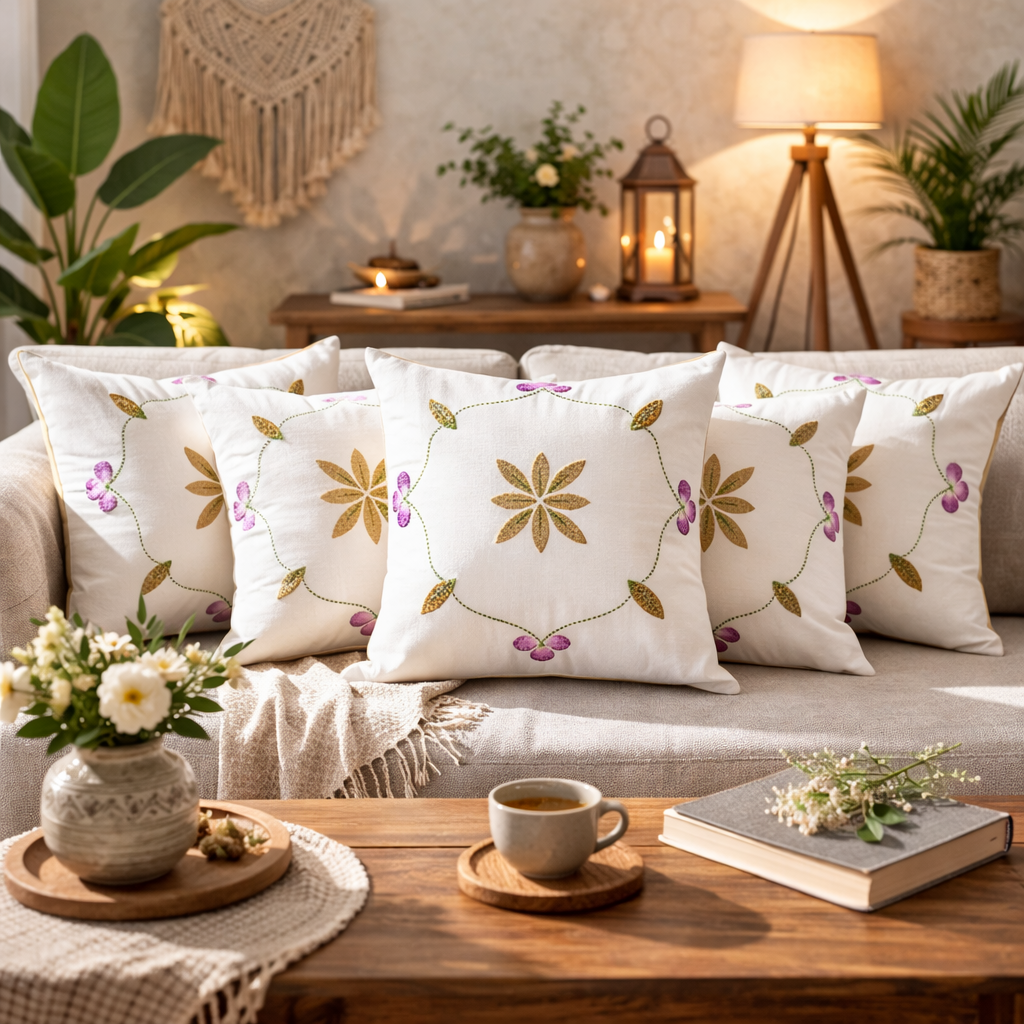 Floral Embroidered Cushion Cover – Soft Casement Fabric & Handcrafted Detail