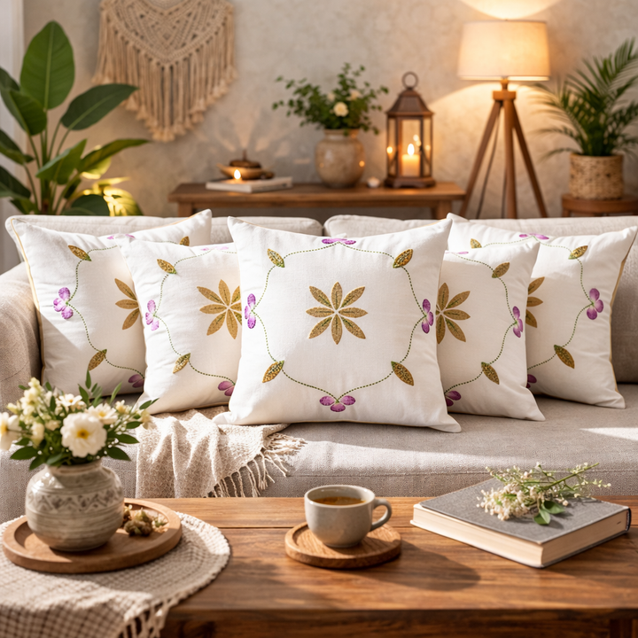 Floral Embroidered Cushion Cover – Soft Casement Fabric & Handcrafted Detail