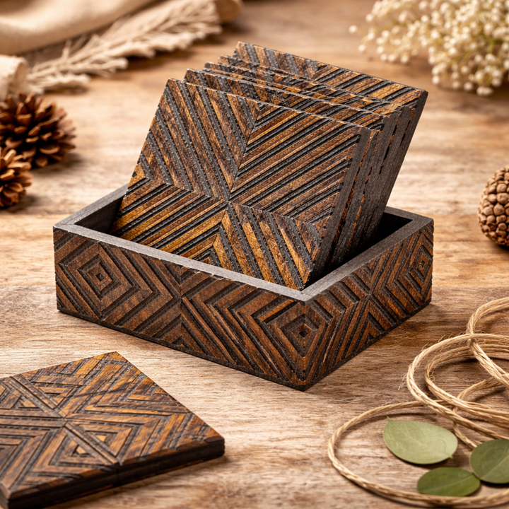 Hand-Carved Wooden Coaster Set with Holder for Drinks
