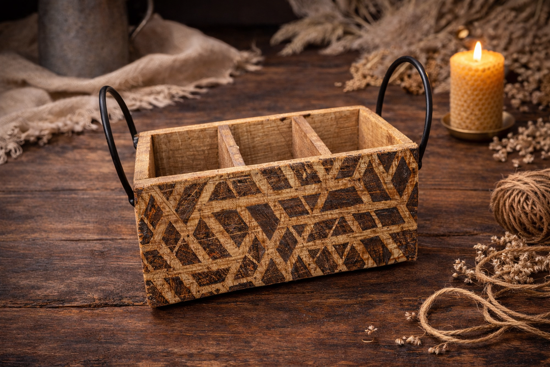 Wooden Carved Brown Cutlery Organizer Home & Table Accessory