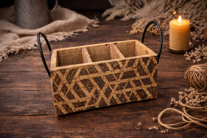 Wooden Carved Brown Cutlery Organizer Home & Table Accessory