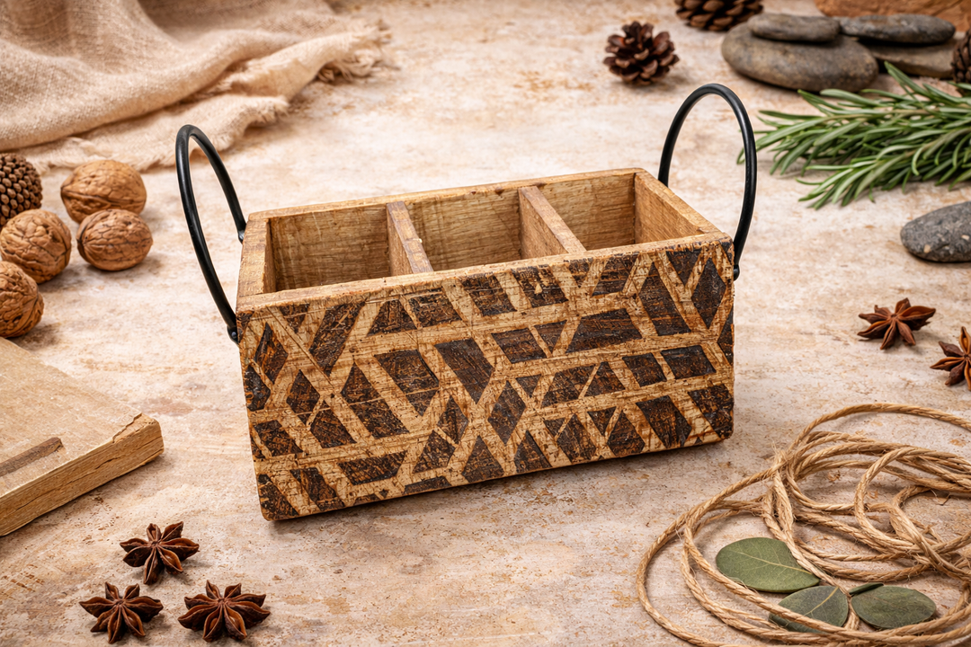 Wooden Carved Brown Cutlery Organizer Home & Table Accessory