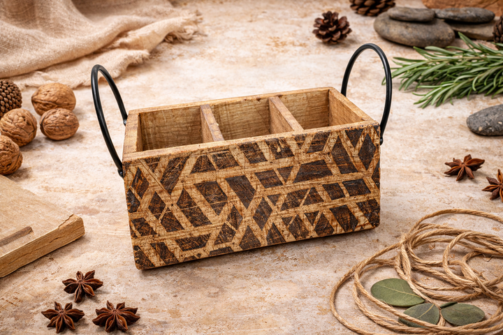 Wooden Carved Brown Cutlery Organizer Home & Table Accessory