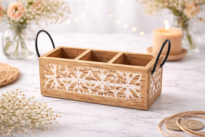 Wooden Carved Cutlery Organizer White Home Accessory