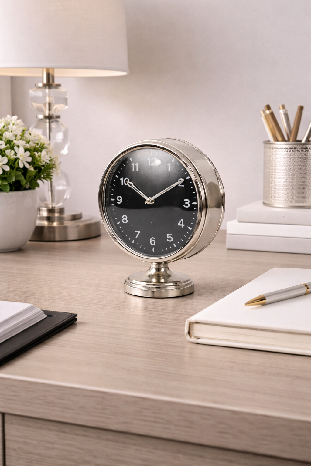 Black & Silver Table Clock – Durable Steel Desk & Shelf Accent