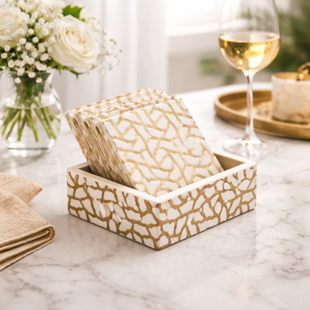 Wooden Carved White Coaster Set with Holder