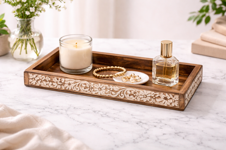 Wooden Side Carved Tray Set of 2 Decorative Serving Trays