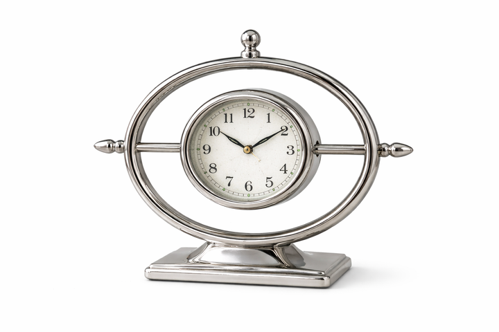 Globe-Inspired Silver Steel Table Clock – Stylish Desk & Shelf Décor
