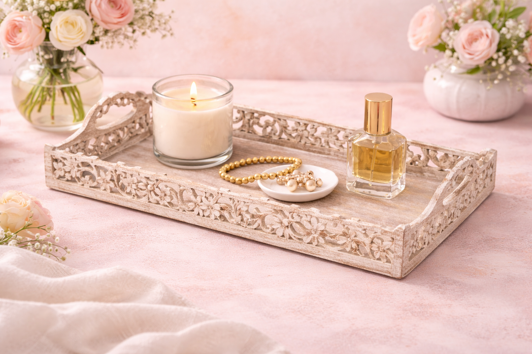 Wooden Hand-Carved Inlay Trays for Serving & Décor Set of 2