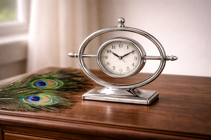 Globe-Inspired Silver Steel Table Clock – Stylish Desk & Shelf Décor