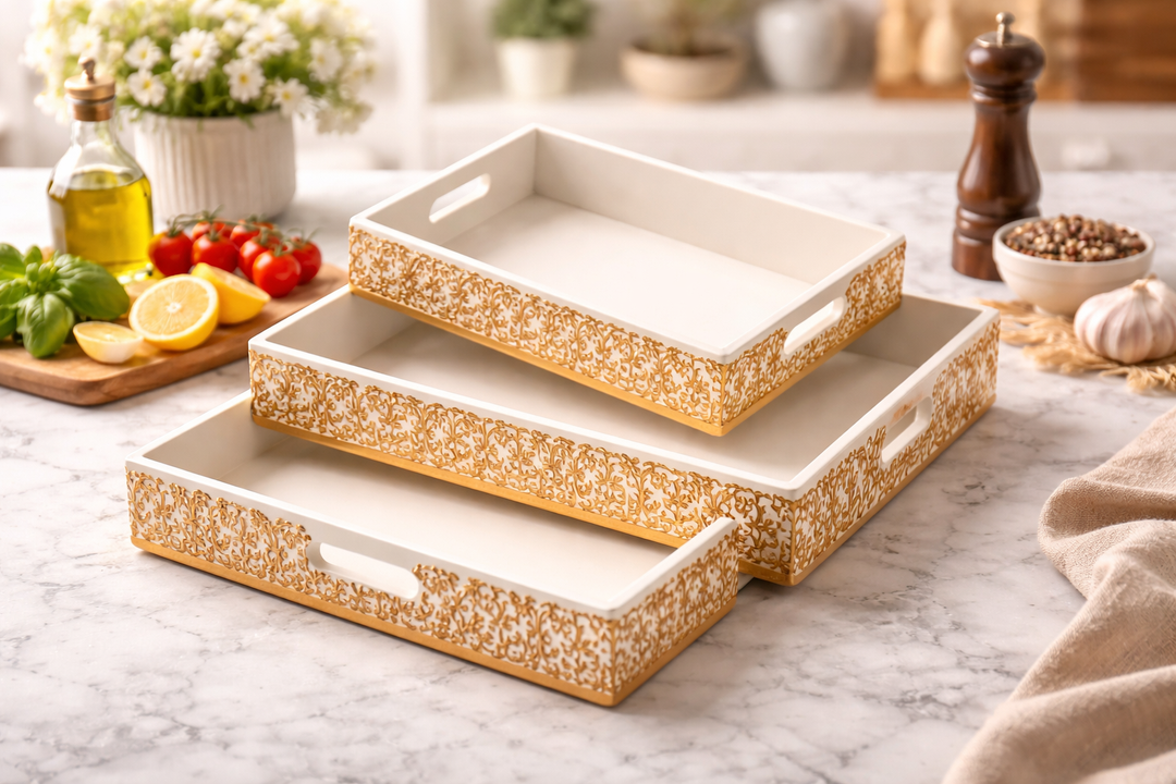 Handcrafted White and Gold Wooden Carved Tray for Home Décor
