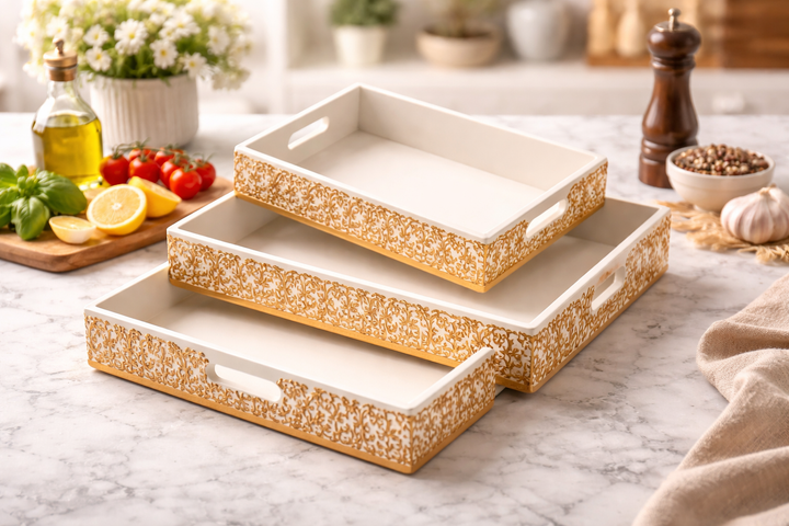Handcrafted White and Gold Wooden Carved Tray for Home Décor