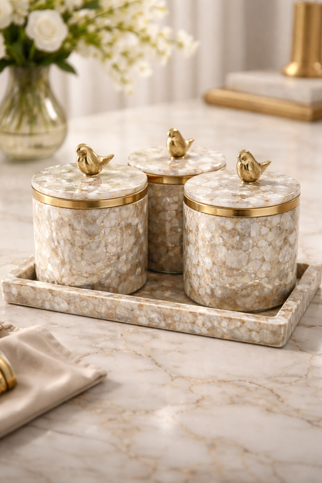 Luxury Shell & Resin Dry Fruit Box Set with Tray (Set of 4)