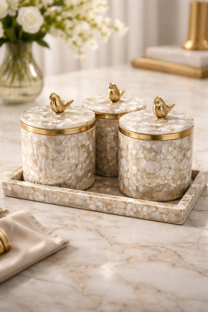 Luxury Shell & Resin Dry Fruit Box Set with Tray (Set of 4)