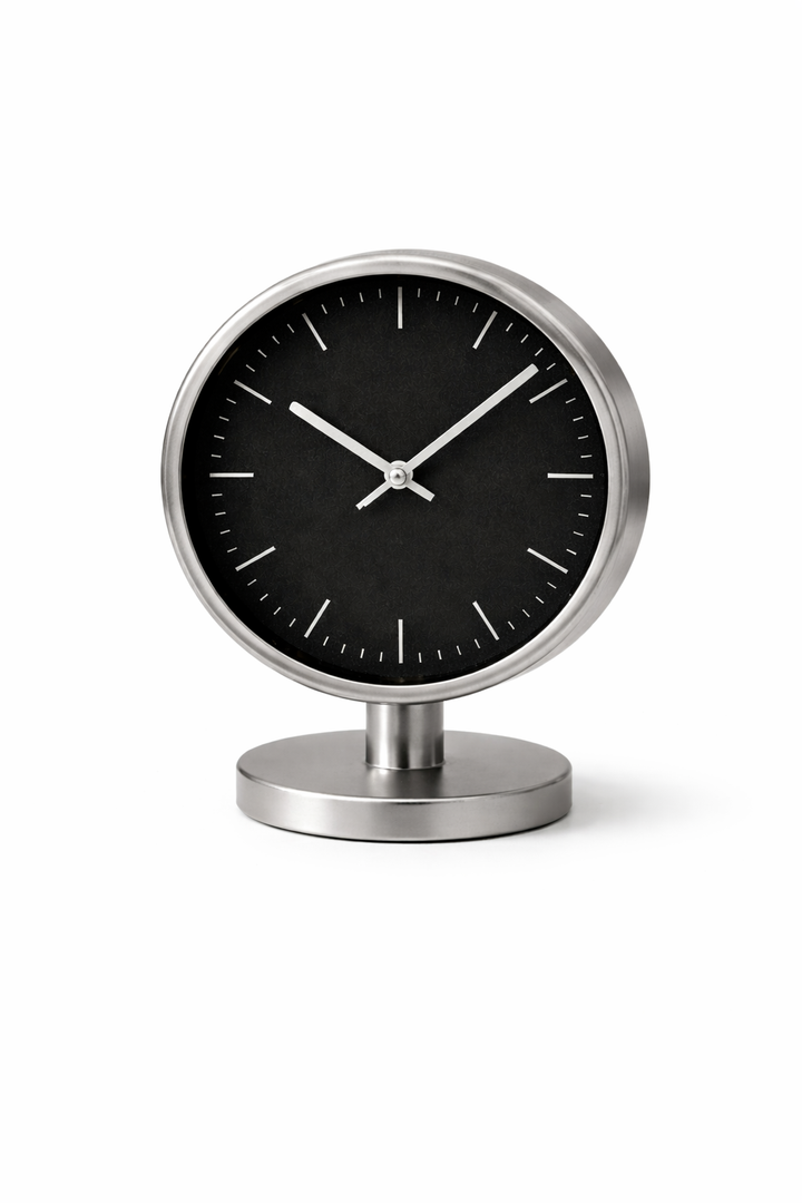 Elegant Silver Roman Table Clock – Stainless Steel Desk Timepiece
