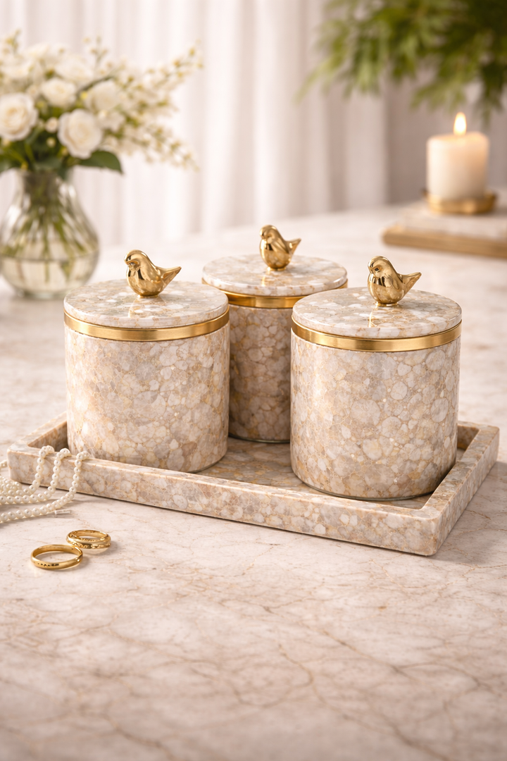 Luxury Shell & Resin Dry Fruit Box Set with Tray (Set of 4)