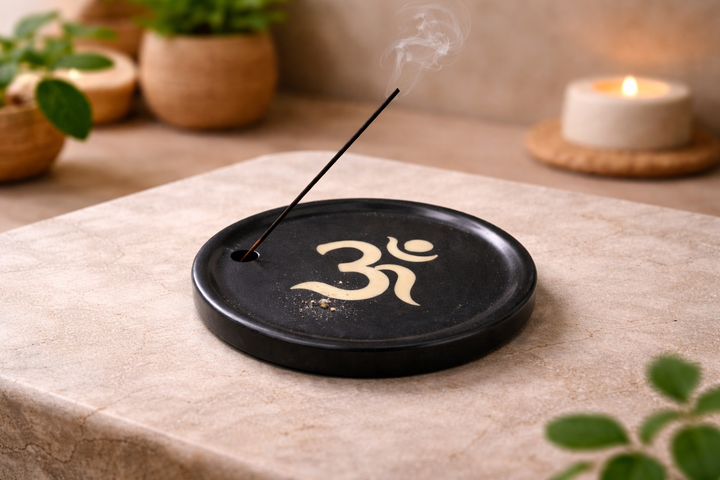 Traditional Black Soapstone Handcrafted Om Incense Plate