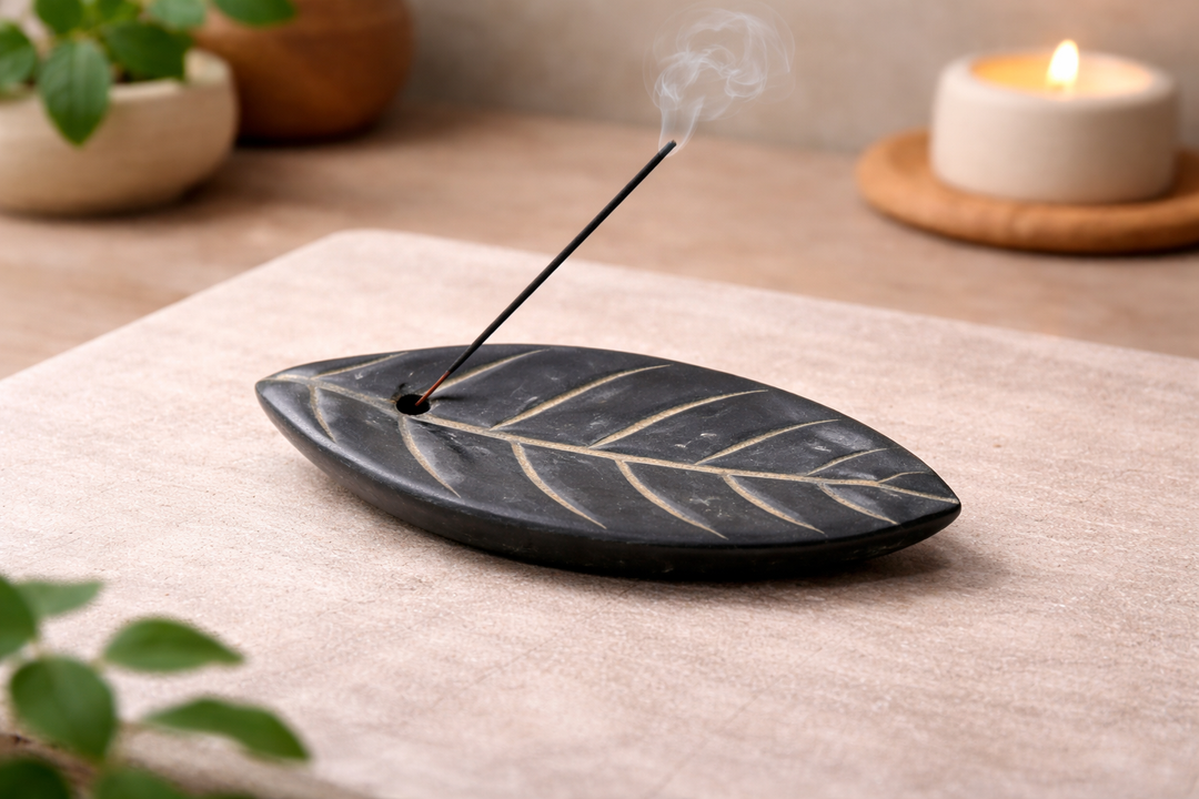 Black Soapstone Leaf-Shaped Incense Plate Handcrafted Decorative Tray