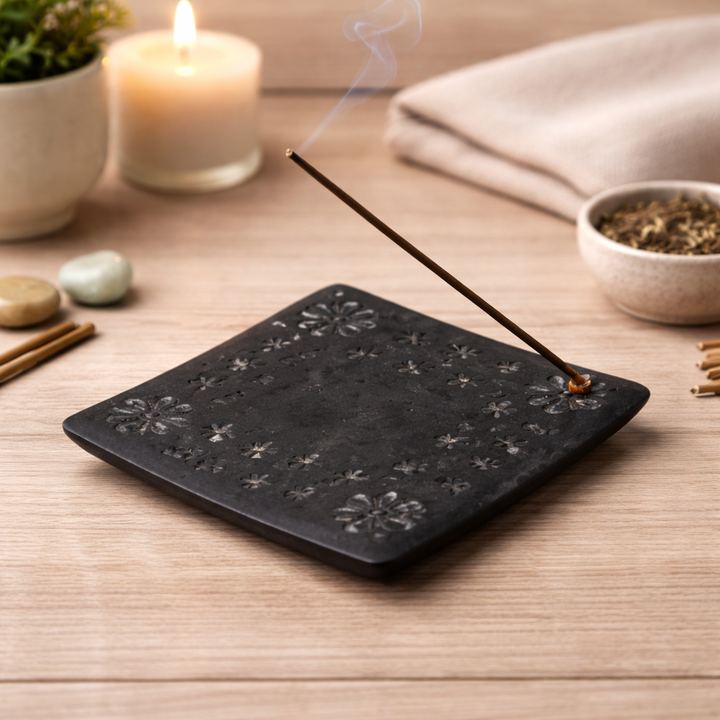 Black Soapstone Square Incense Plate with Flower Carving