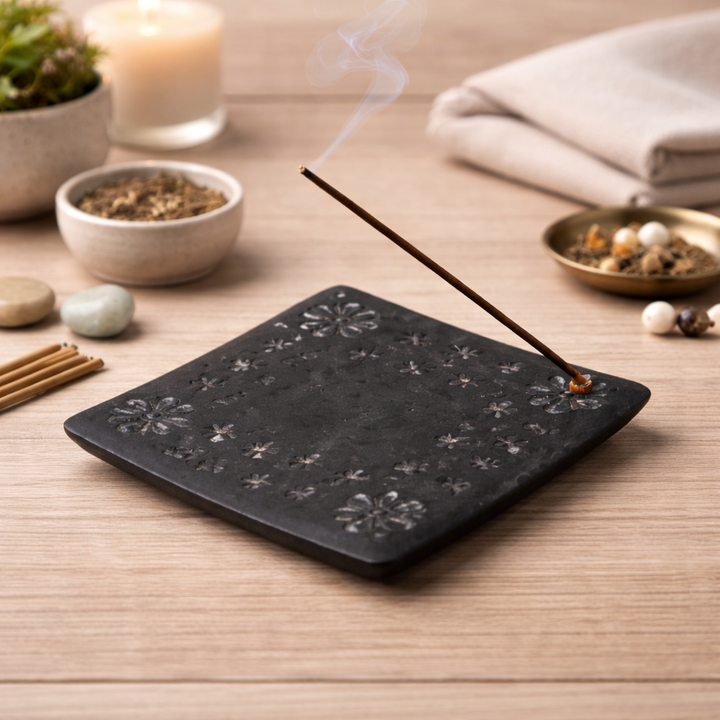 Black Soapstone Square Incense Plate with Flower Carving
