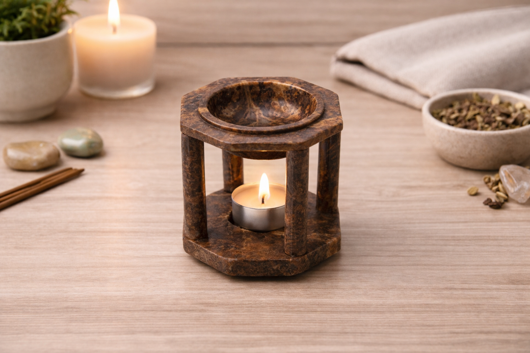 Brown Soapstone Four-Feet Oil Burner Handcrafted Decorative Accent