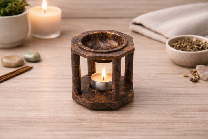 Brown Soapstone Four-Feet Oil Burner Handcrafted Decorative Accent