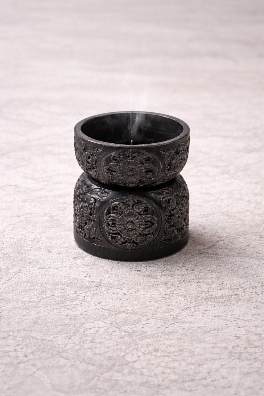 Decorative Black Soapstone Sun and Flower Oil Burner Tabletop Accent