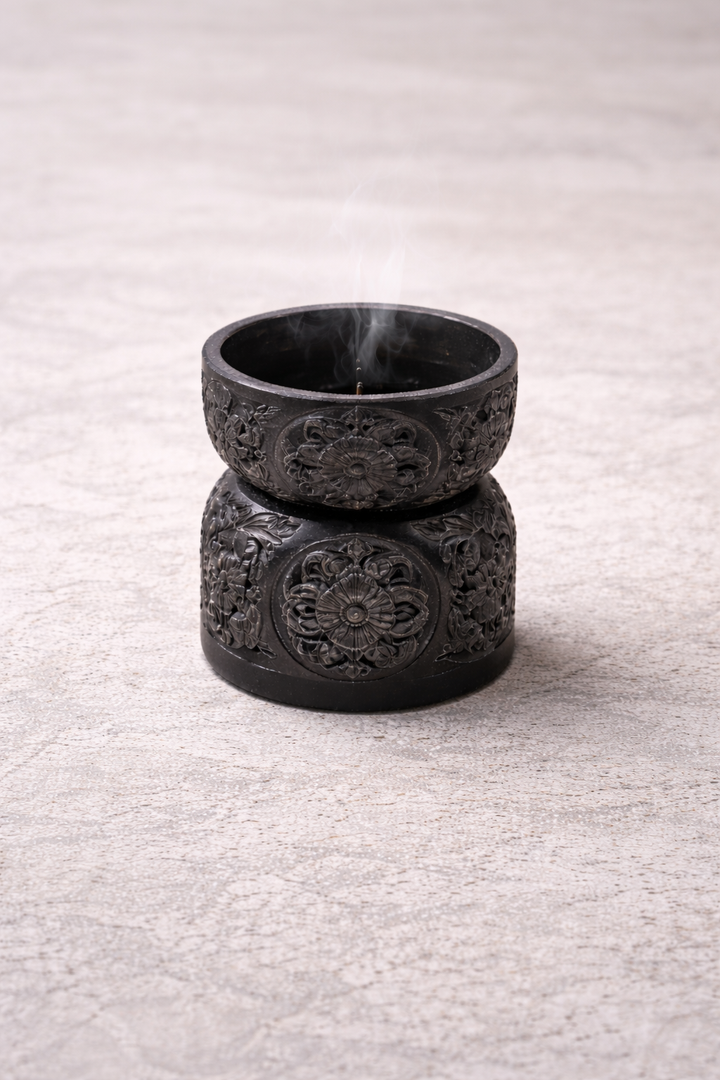Decorative Black Soapstone Sun and Flower Oil Burner Tabletop Accent