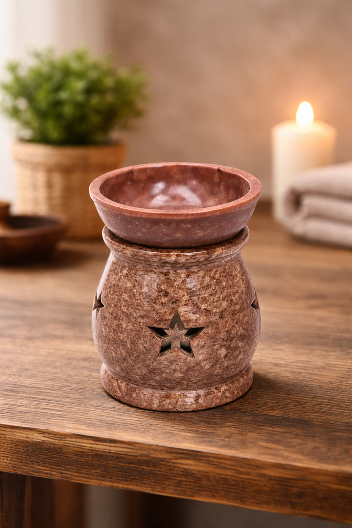 Artisan Light Brown Soapstone Oil Burner with Star Motif Tabletop