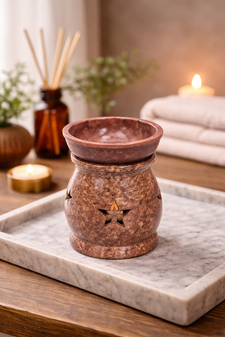 Artisan Light Brown Soapstone Oil Burner with Star Motif Tabletop