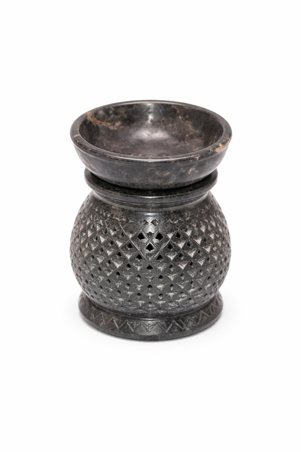 Dark Brown Soapstone Oil Burner with Jali Work Decorative Accent