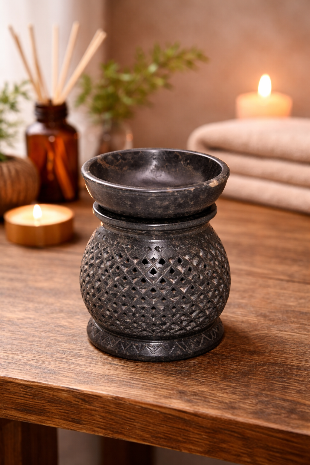 Dark Brown Soapstone Oil Burner with Jali Work Decorative Accent