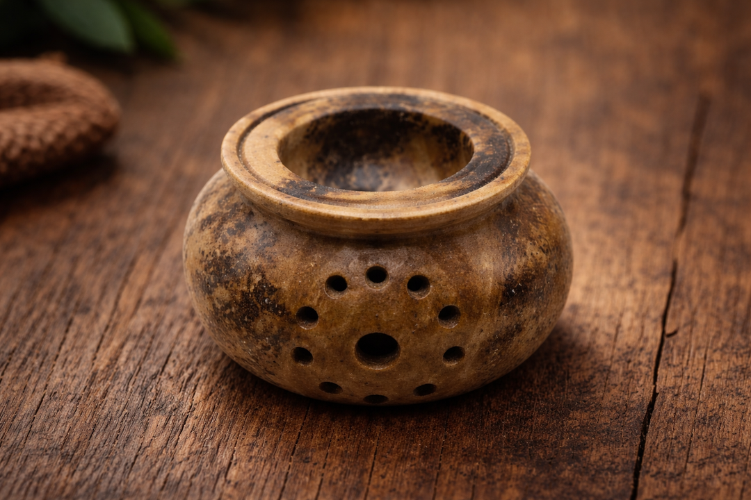 Brown Soapstone Oil Burner with Circular Holes Decorative Accent
