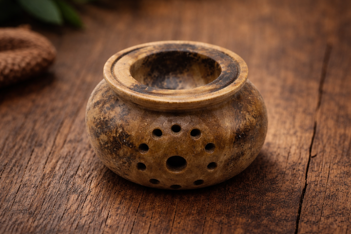 Brown Soapstone Oil Burner with Circular Holes Decorative Accent