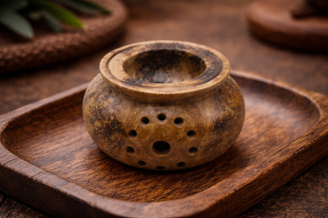 Brown Soapstone Oil Burner with Circular Holes Decorative Accent