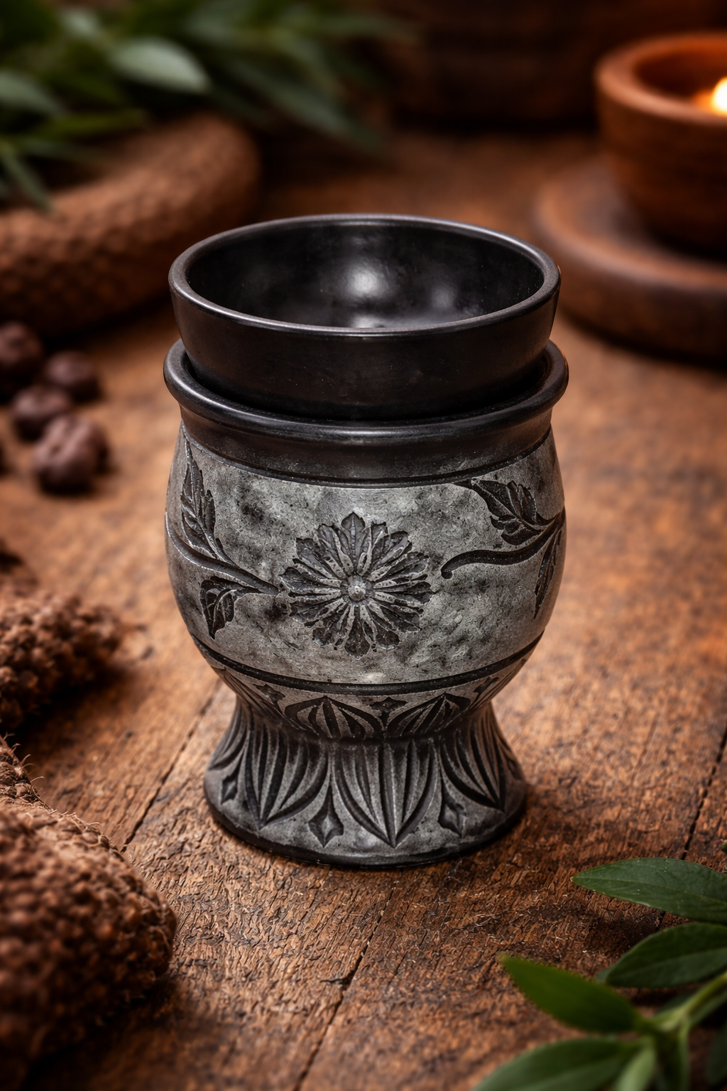 Grey Soapstone Oil Burner with Flower Carving Decorative Accent