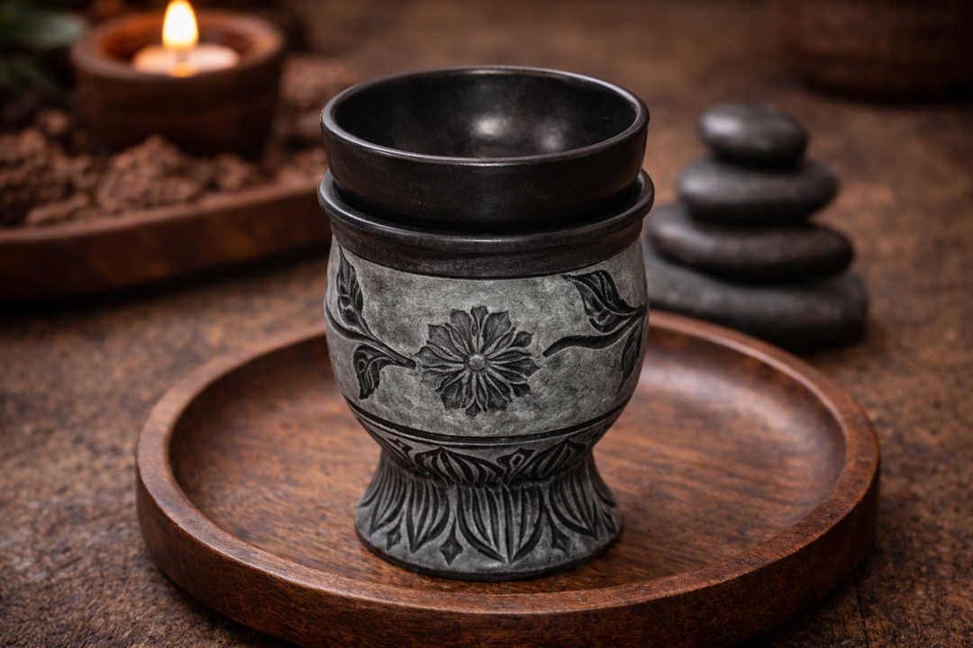 Grey Soapstone Oil Burner with Flower Carving Decorative Accent