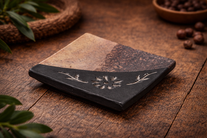 Brown & Black Soapstone Soapdish with Flower Carving Decorative Accent