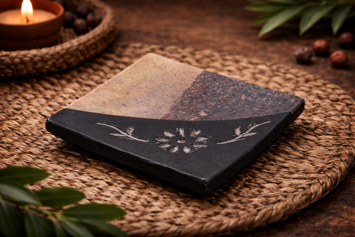 Brown & Black Soapstone Soapdish with Flower Carving Decorative Accent